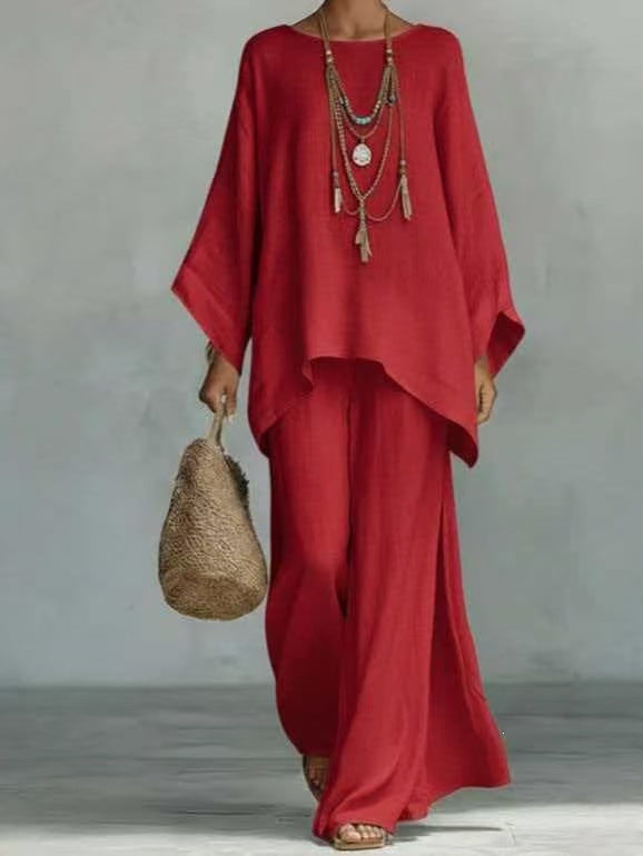 👚Relaxed Sky Blue Linen 2 Piece Lounge Set | Boho Oversized Tunic & Wide Leg Pants