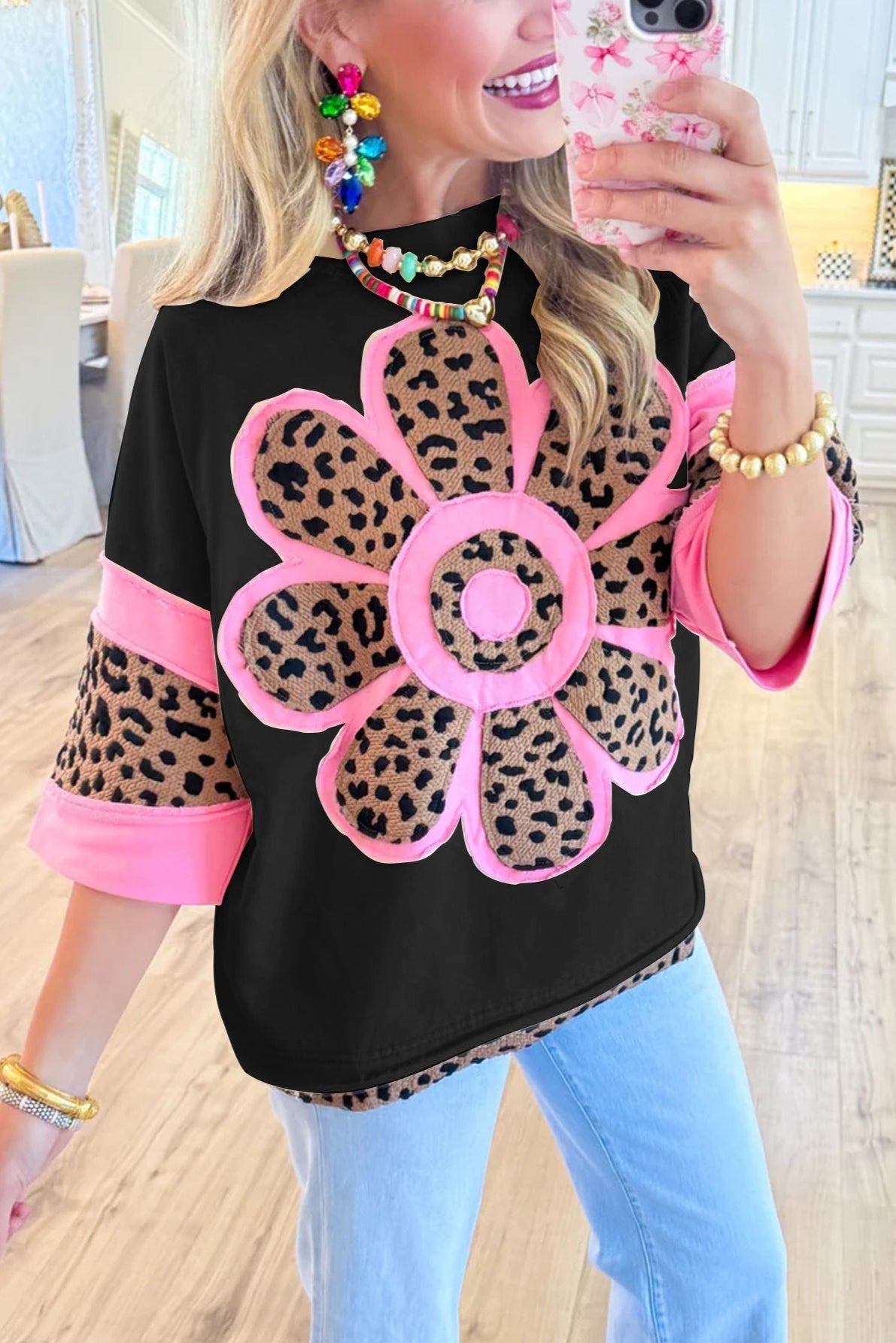 Ivory & Pink Leopard Floral Print Top – Bold, Feminine & Eye-Catching