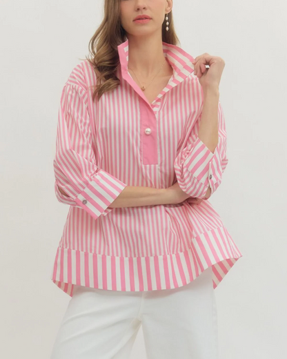 Penny Pearl + Stripe Top – The Chic 100% Cotton Blouse That Turns Heads Without Trying