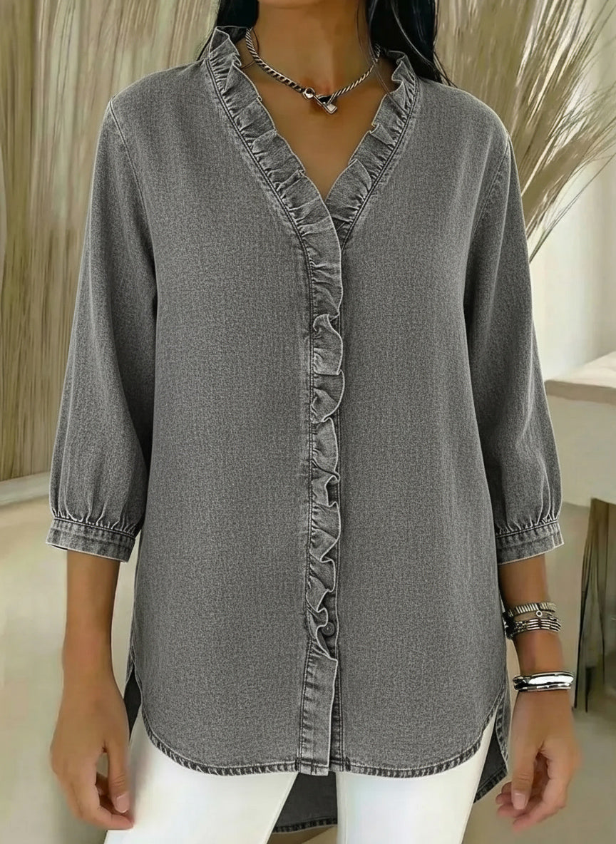 Women's Casual Denim V-Neck Ruffled Shirt | Buy 2 Save 5% | Buy 3 Save 10%