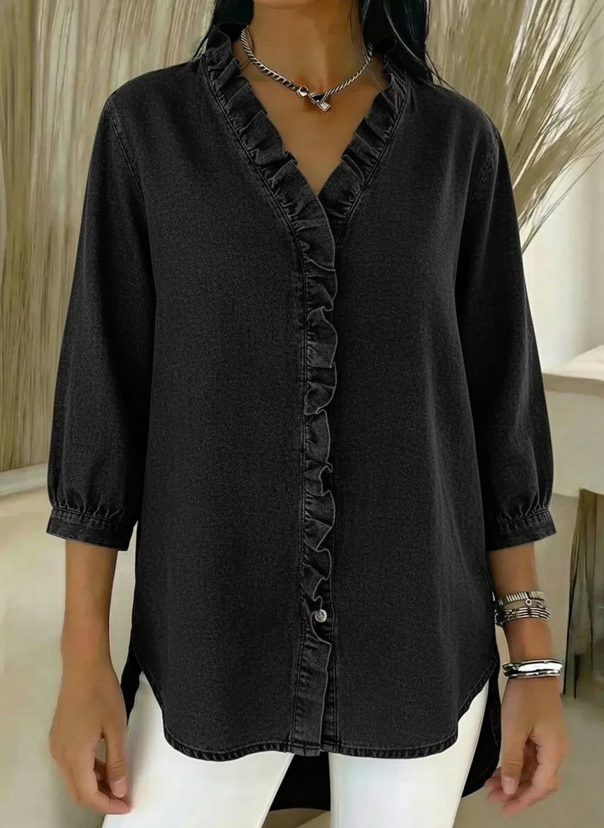 Women's Casual Denim V-Neck Ruffled Shirt | Buy 2 Save 5% | Buy 3 Save 10%