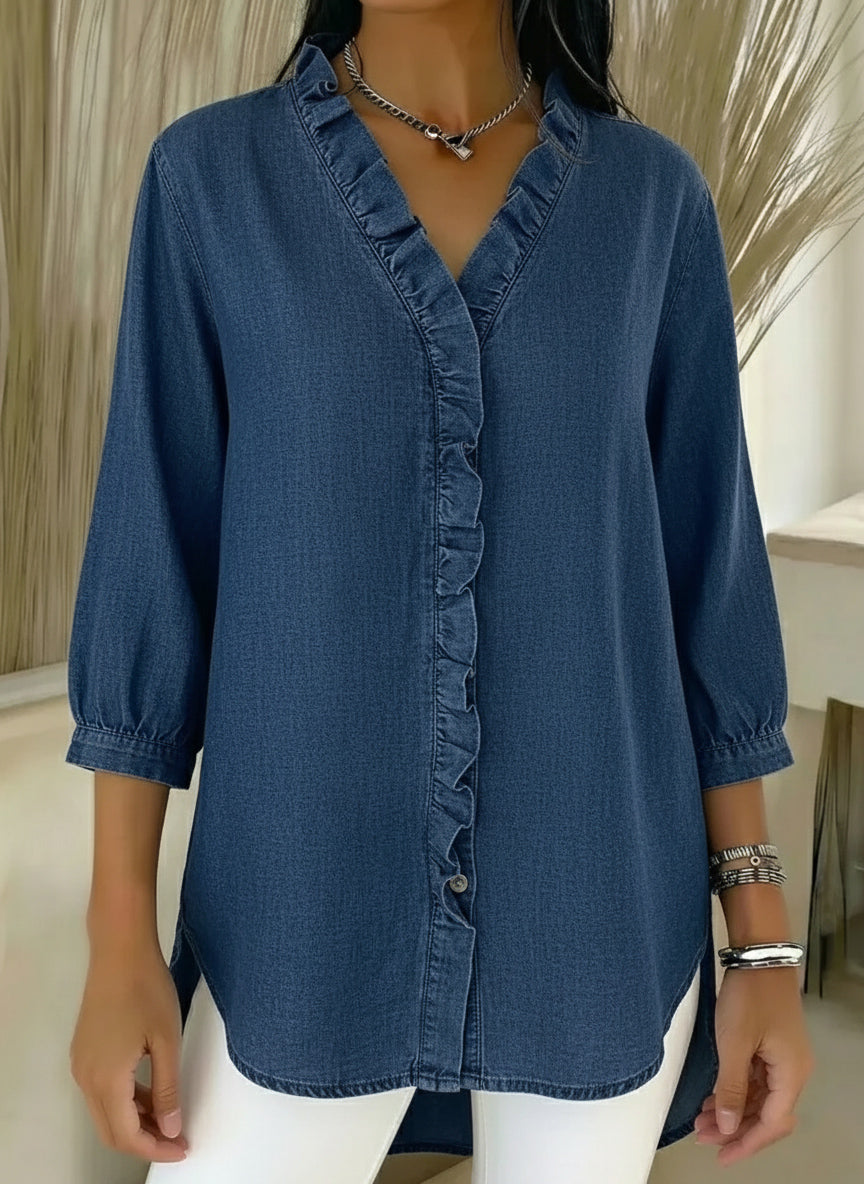 Women's Casual Denim V-Neck Ruffled Shirt | Buy 2 Save 5% | Buy 3 Save 10%