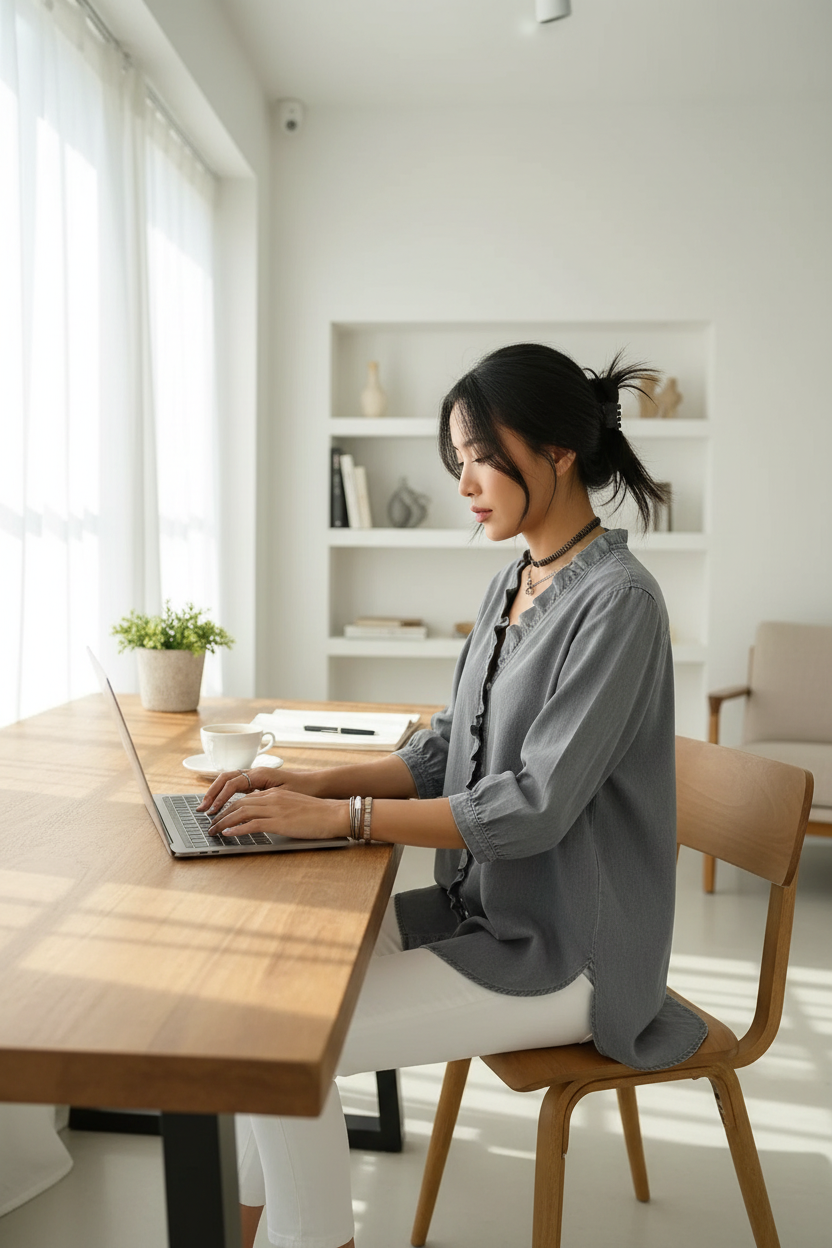 Gray Denim Ruffled Shirt - Home Office Scene